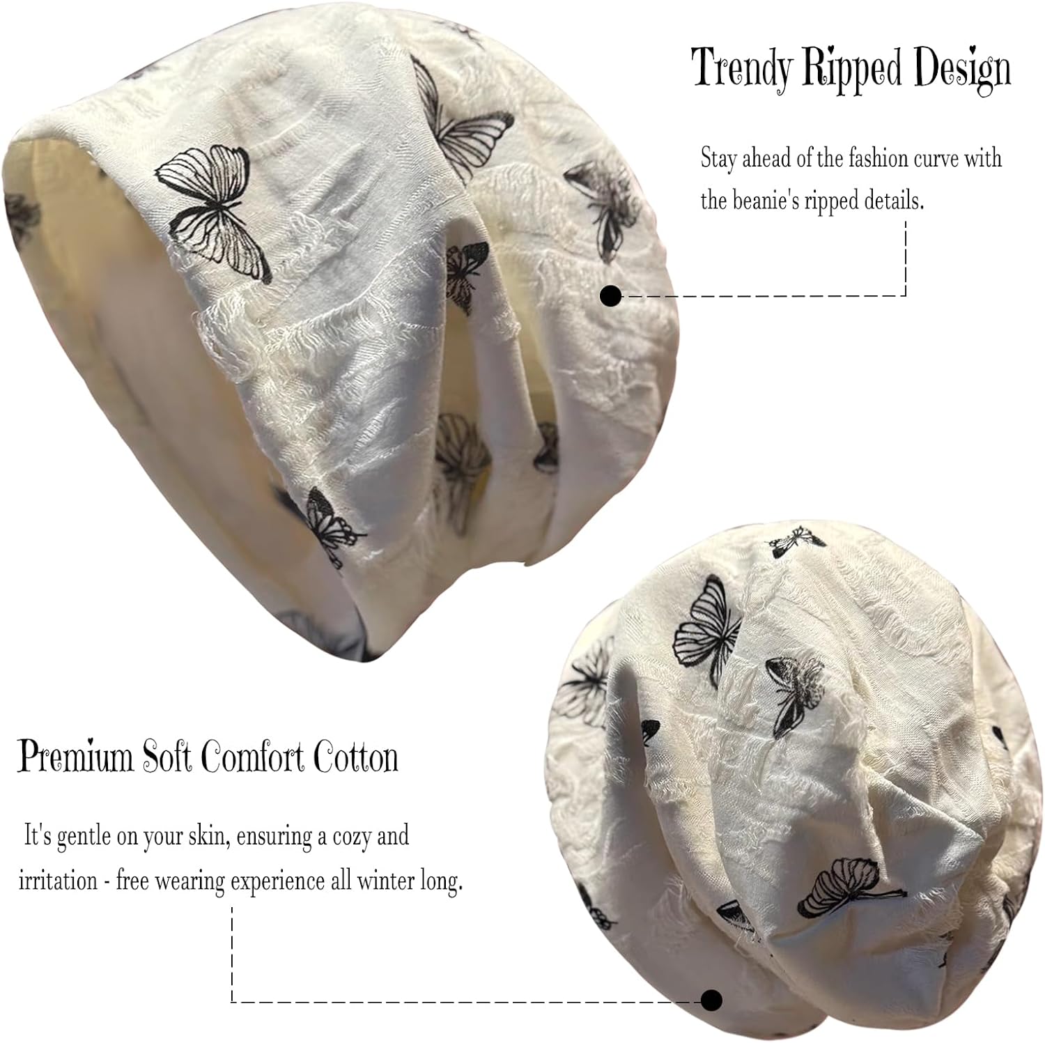 Women's Soft Thin Cotton Beanie with Ripped Details & Sparkling Rhinestones, Hipster Knit Hat for Men - Image 4