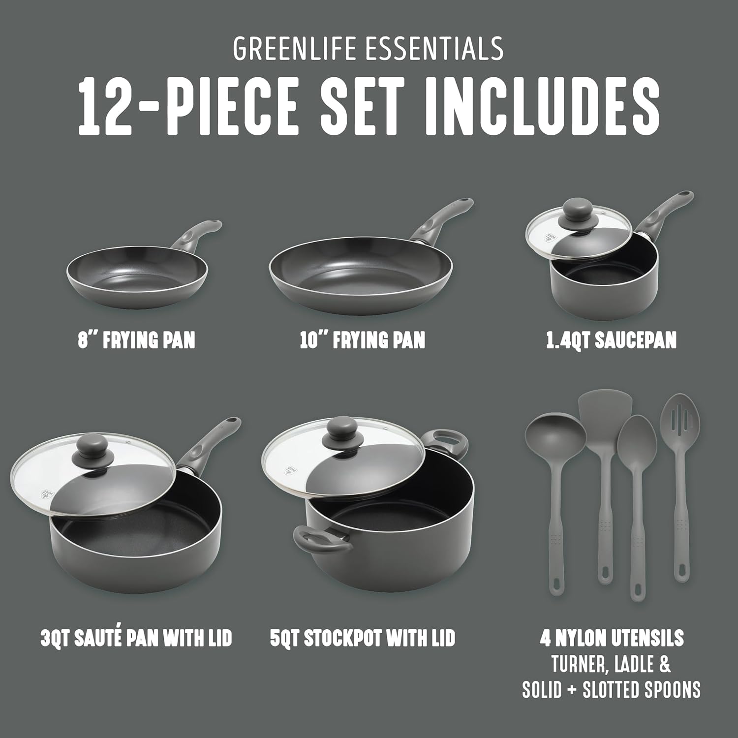 GreenLife Essentials 12 Piece Cookware Set, PFAS-Free Ceramic Nonstick Pots & Pans, Induction Ready for All Cooktops, Kitchen Cooking & Serving Utensils, Dishwasher Safe, Charcoal Gray