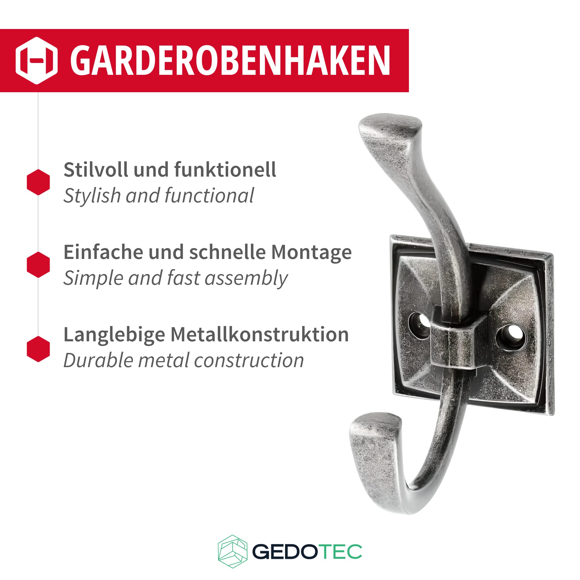 Gedotec Garderoben-Haken Metall Silber antik I KARO I Aufhänger Tiefe: 75 mm I 10 Stück Kleiderhaken I Wand-Garderobe zum Schrauben I Mantelhaken Modern I Design Wandhaken mit Befestigungsmaterial