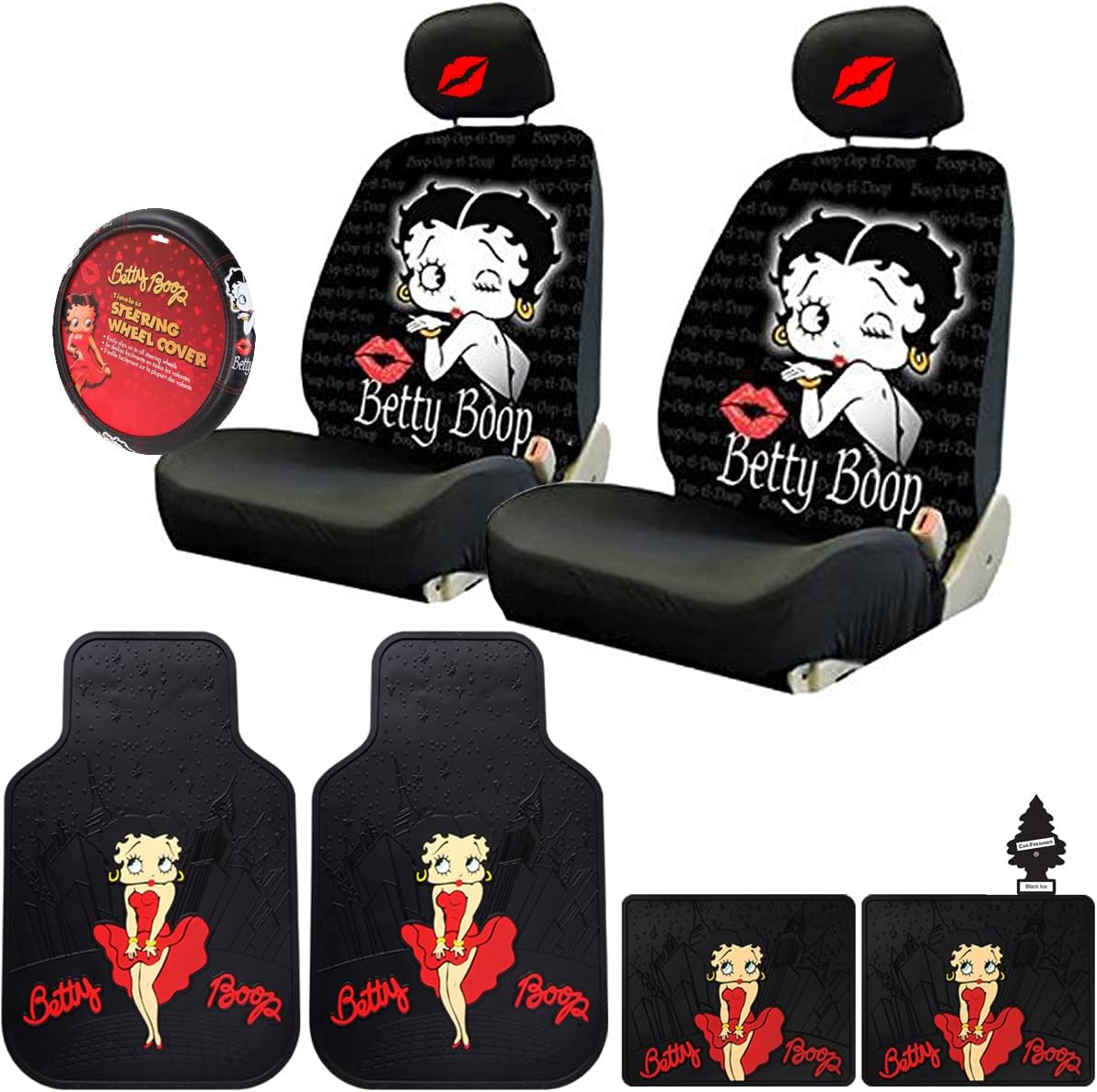 Yupbizauto New Platicolors Betty Boop Car Accessories Set New Seat Covers, Rubber Floor Mats, Steering Wheel Cover Hot Lip Headrest Covers Stylish Protection for Cars SUVs Trucks & Vans