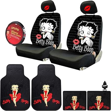 Yupbizauto Betty Boop Car Bundle Seat Covers Mats Headrest Set | Betty Boop Timeless bundle with seat covers mats wheel cover red lip headrests for cars SUVs trucks vans