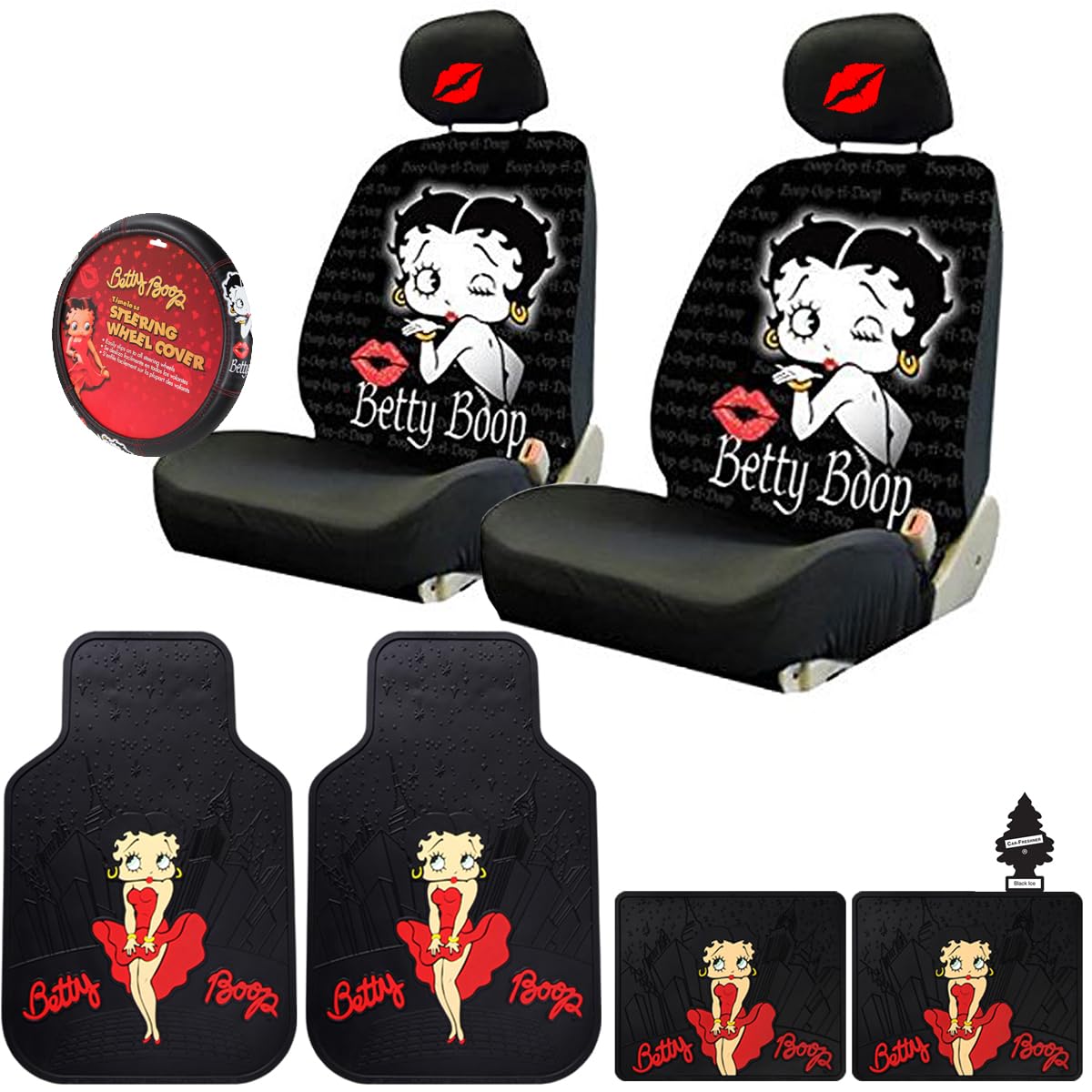 New Betty Boop Timeless Design Car Accessories Set New Seat Covers Front and Rear Rubber Mats Steering Wheel