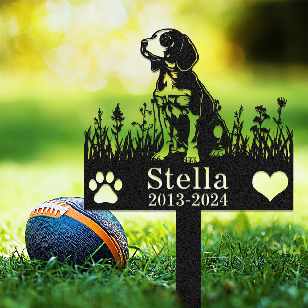Custom Beagle Dog Memorial Grave Marker with Stake,Personalized Dogs Name Memorials Engraved Burial Sign,Customized Loss of Sympathy Gifts for Pet Owner,Flower Pets Headstone for Garden Lawn Outdoors