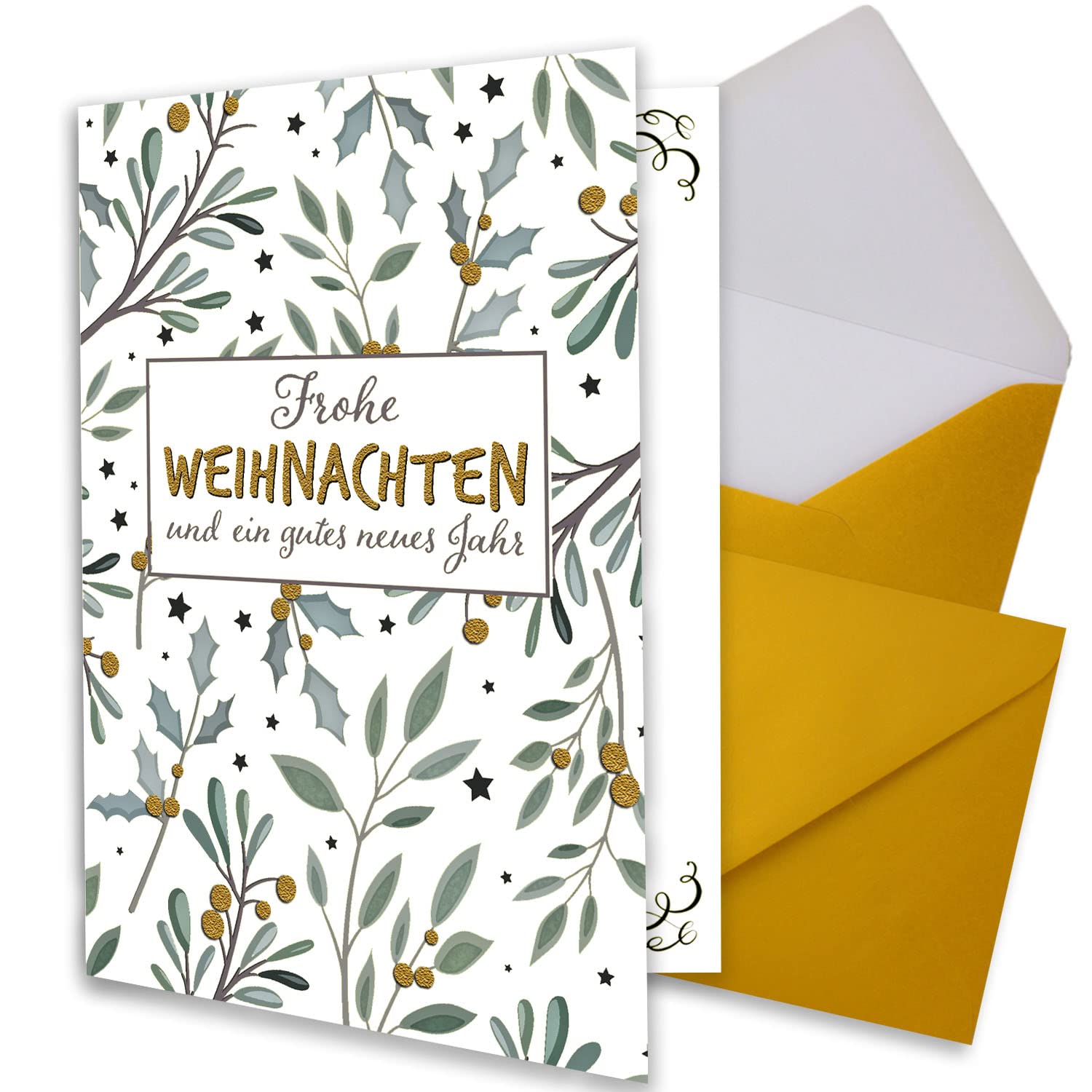 Juego de 200 tarjetas de Navidad pequeñas DIN A7 en color blanco con ramas de muérdago y eucalipto – tarjetas plegables con sobres DIN C7 dorado metálico con adhesivo húmedo – saludos de Navidad para