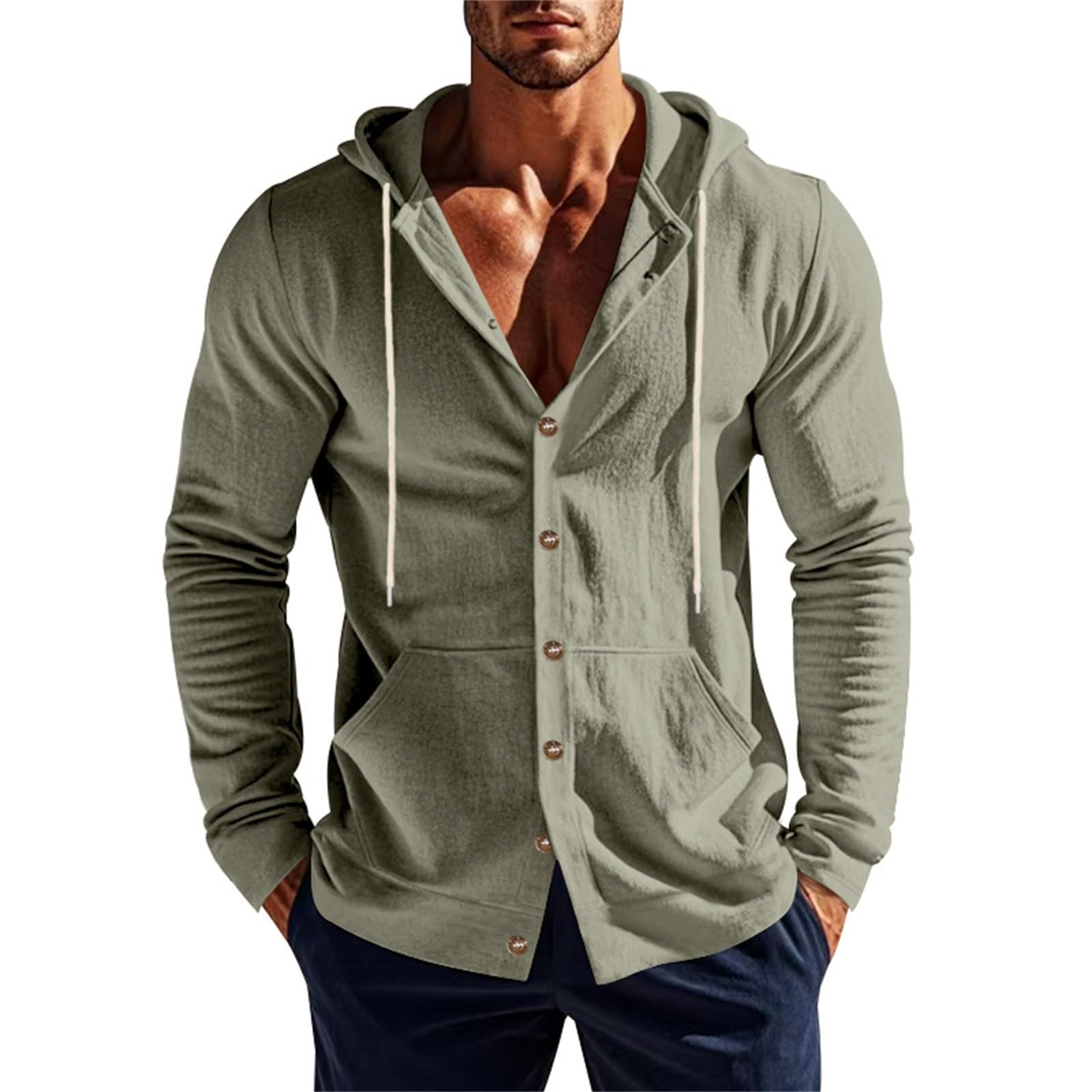 Camicia Lino Uomo con Cappuccio Maniche Lunghe con Tasche E Bottoni, Indumento Leggero di Moda per Look Casual E Vacanze