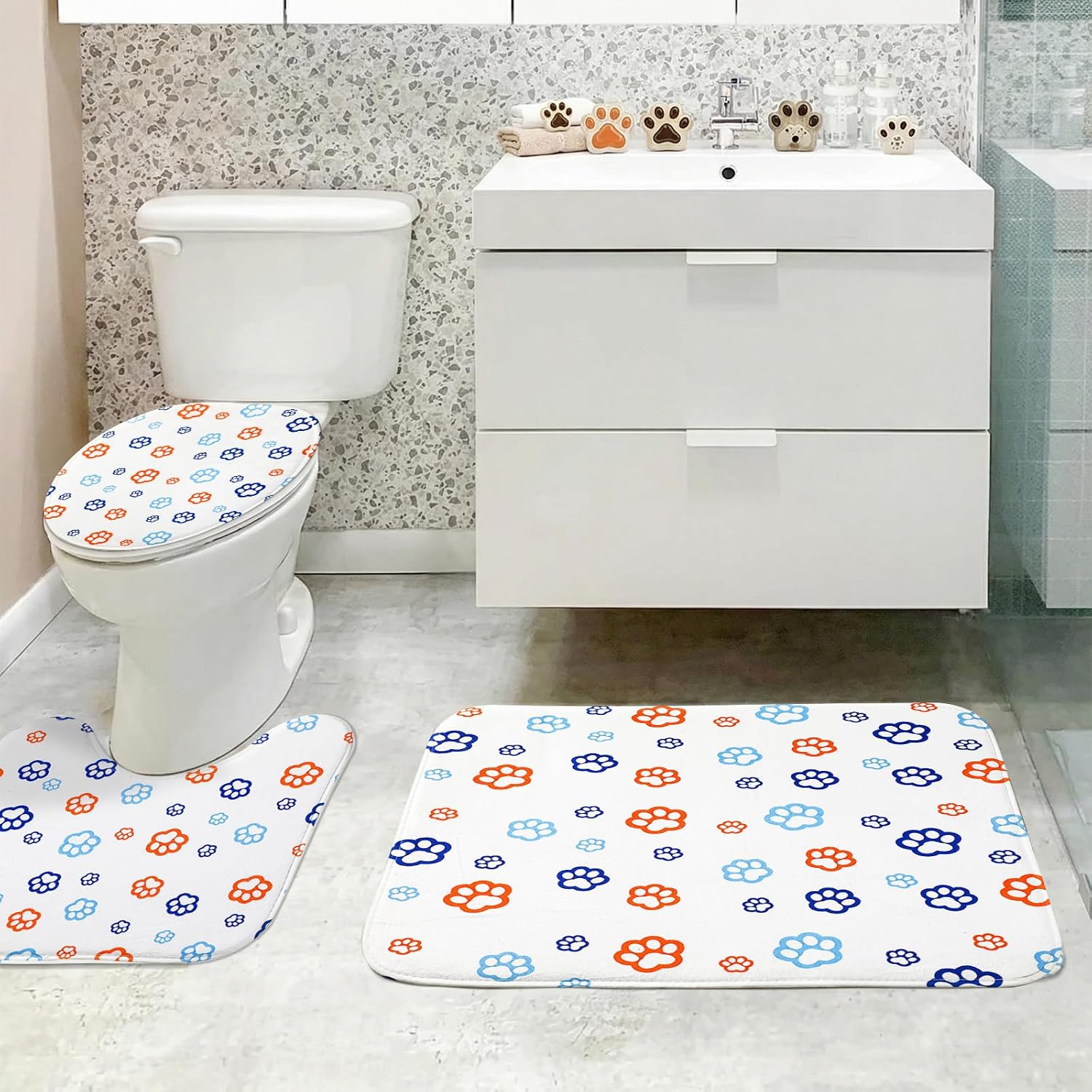 Flutesan 4 Pcs Dog Paw Print Shower Curtain Set Includes Blue Dog Shower Curtain Rugs Toilet Lid Cover and Bath Mat Non-Slip Bathroom Decor for Dogs Lovers Tub Toilet