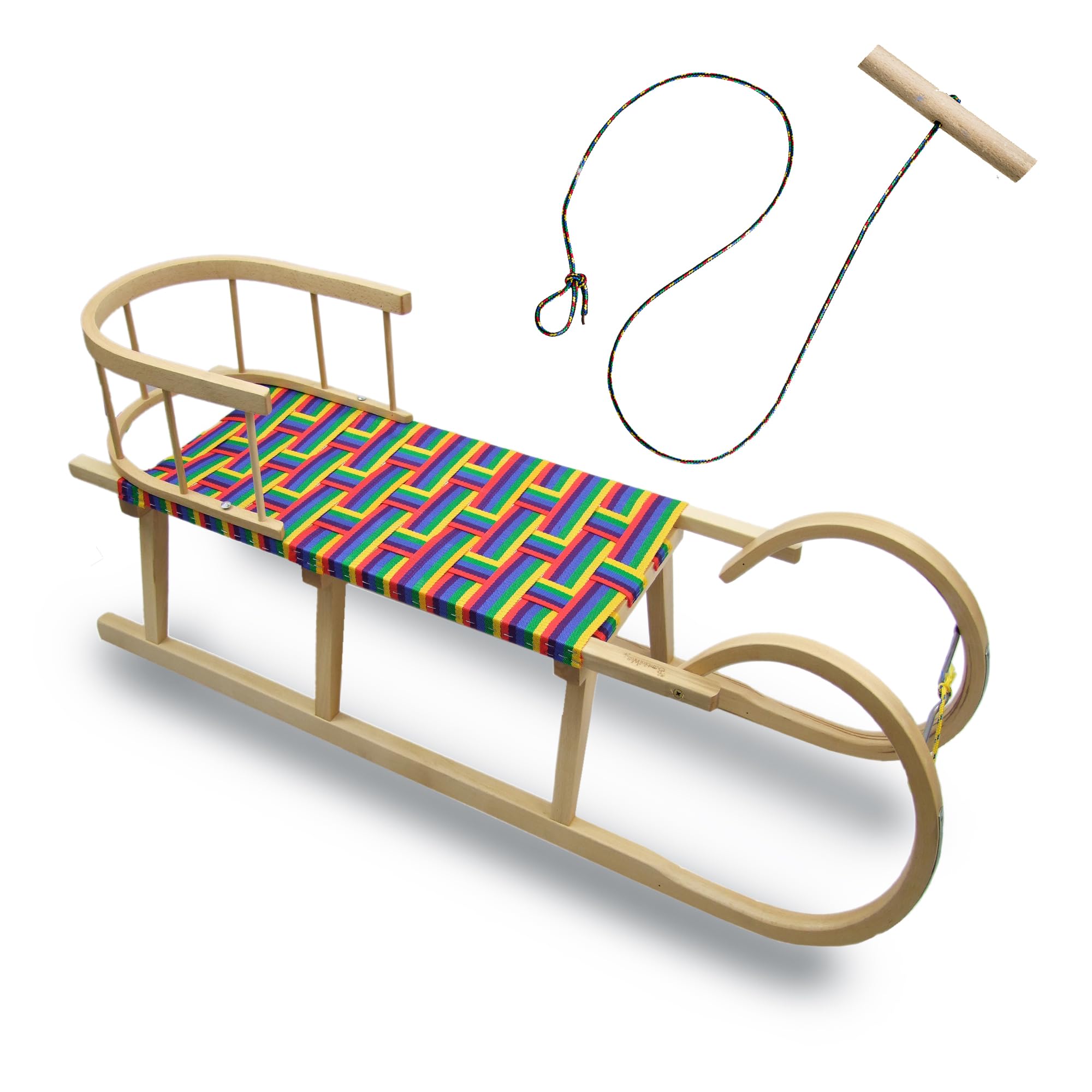 BAMBINIWELT Hörnerrodel 120 cm Regenbogendesign - Holzschlitten aus massivem Buchenholz - Hörnerschlitten mit Rückenlehne, Buntem Gurtsitz, Zugseil & Stahlkufen