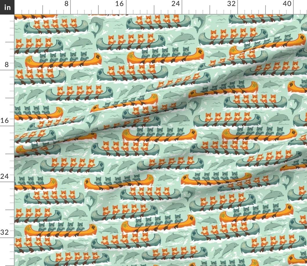 Spoonflower Fabric - Paddling Race Green Orange Summer Splash Cats Ocean Wave Printed on Petal Signature Cotton Fabric by The Yard - Sewing Quilting Apparel Crafts Decor
