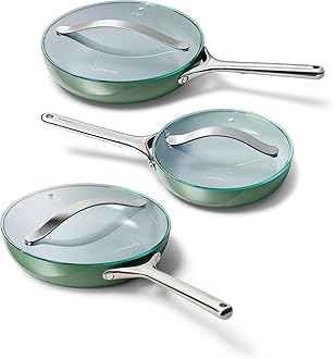 Caraway Ceramic Nonstick Fry Pan Set with Glass Lids – Includes Two 10.5” Fry Pans, One 8” Fry Pan, & Three Lids - Non Toxic, PTFE & PFOA Free - Oven Safe & Compatible with All Stovetops - Sage