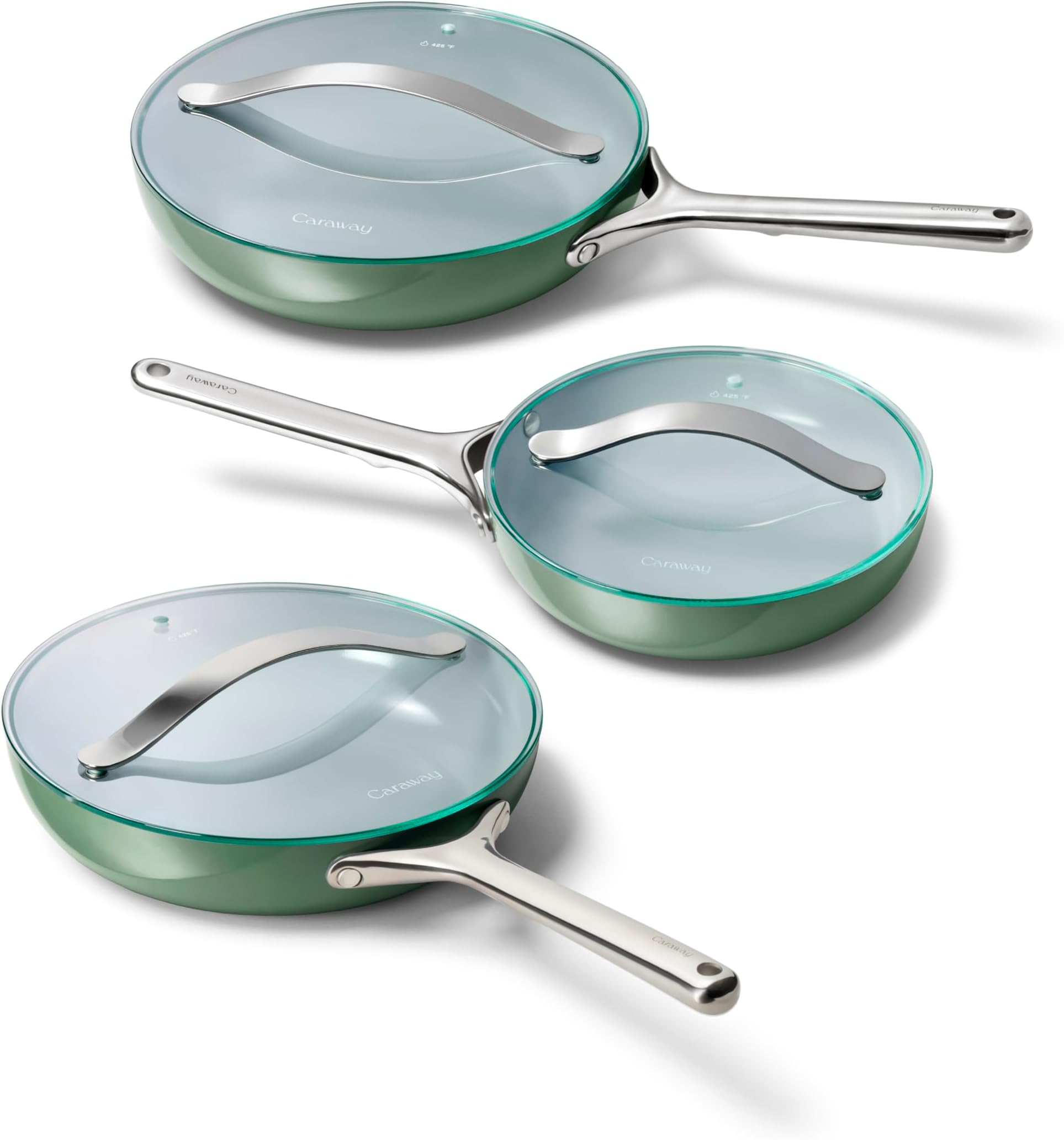 Caraway Ceramic Nonstick Fry Pan Set with Glass Lids – Includes Two 10.5” Fry Pans, One 8” Fry Pan, & Three Lids - Non Toxic, PTFE & PFOA Free - Oven Safe & Compatible with All Stovetops - Sage