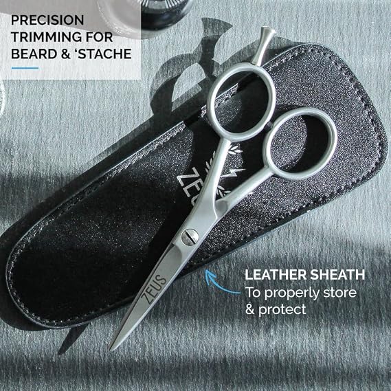 ZEUS Stainless Steel Beard Trimming Scissors for Men with Leather Case