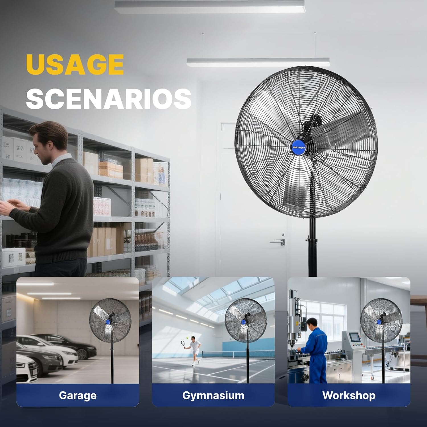 NORTHSKY 30 IN High Velocity Non-Oscillating Pedestal Fan, 7,250 CFM Airflow Heavy Duty Industrial Standing Fan, 2 Speeds, 1/4 HP, Stand Fan for Warehouse, Machinery Stations, Shop