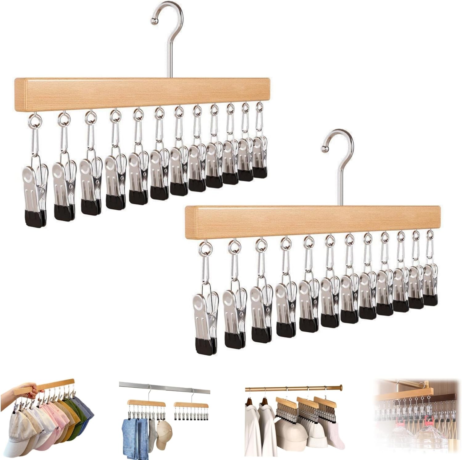 Closet Organizer with 10 Clips, Space Saving Hanging Closet Organizer, Legging Hanger for Closet Organizer with 10 Clip for Storing Jeans, Legging, Shorts (Wood-12 Clips, 2PCS)