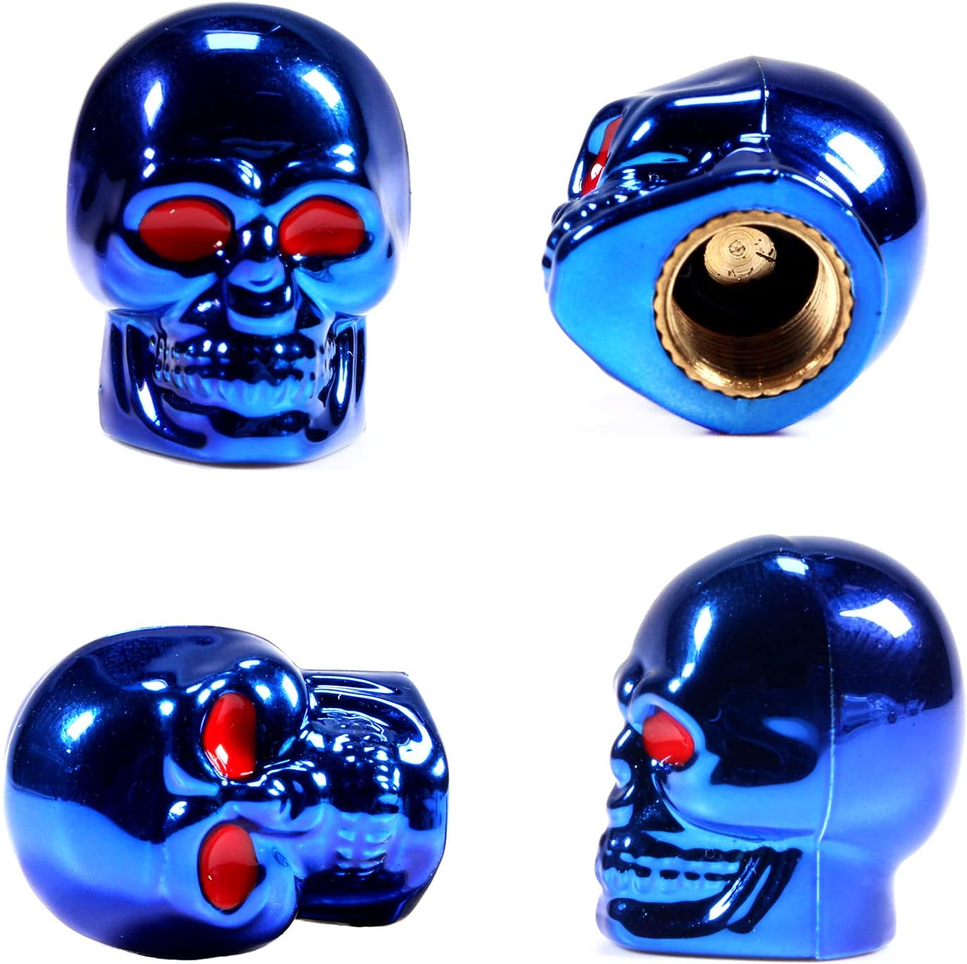 Dsycar Skull Style Tire Valve Stem Caps Antirust Copper Core, Red Eyes with Rubber Ring, Universal Stem Covers for Cars, SUVs, Bike and Bicycle, Trucks, Motorcycles - 4Pcs/Box - (Blue)