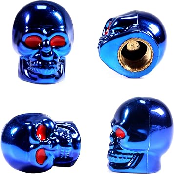 Dsycar Skull Style Tire Valve Stem Caps Antirust Copper Core, Red Eyes with Rubber Ring, Universal Stem Covers for Cars, SUVs, Bike and Bicycle, Trucks, Motorcycles - 4Pcs/Box - Blue