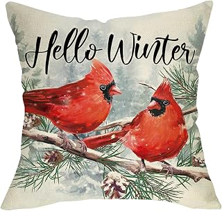 Hello Winter Cardinal Decorative Throw Pillow Cover 18 x 18 | Xmas Red Birds Branches Porch Outdoor Home Decor, Snowy Christmas Sofa Couch Cushion Case