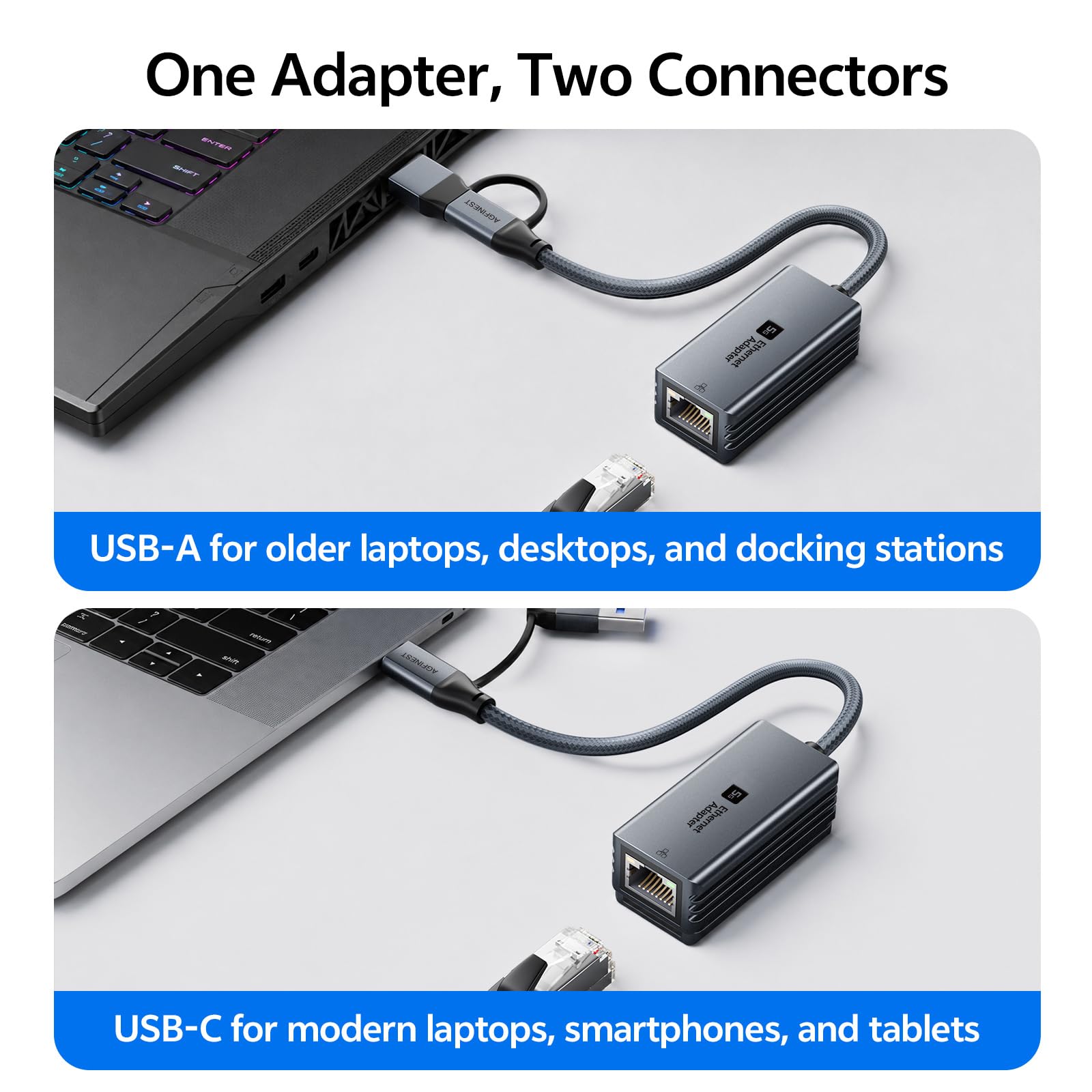 Adattatore 5G da USB C a RJ45 Ethernet, adattatore 2 in 1 USB-A LAN, 5000 Mbit/s | Adattatore di rete compatibile con MacBook, iPad, iPhone 15/16/17, Galaxy, Surface, Windows/macOS/Android
