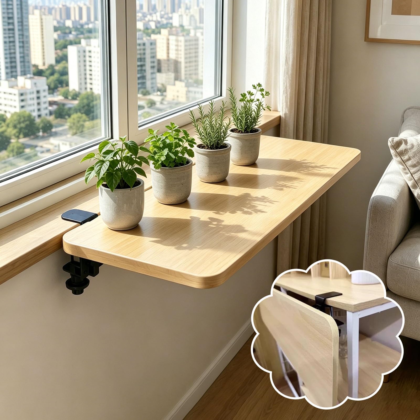 WhamtL Window Sill Extender Folding Window Sill Plant Shelf for Herbs / Potted Plants, No Drill Clamp Window Ledge Extender, Table Wrist Rest Support Extender Tray(Wood,60x20cm(23.6x7.9in))