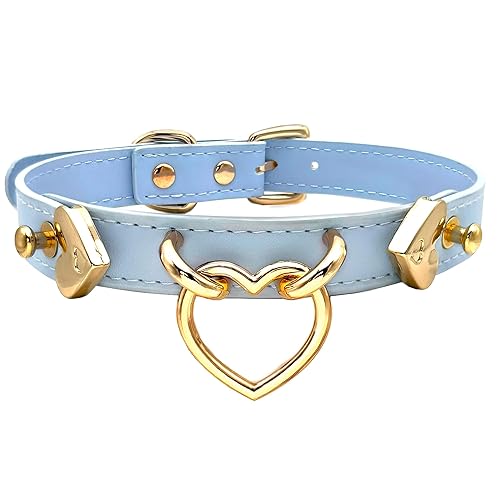 EverGlimp Handmade Leather O-Ring Choker Necklace for Women - Adjustable Punk Gothic Collar with Gold-Tone Accents - Blue-Heart
