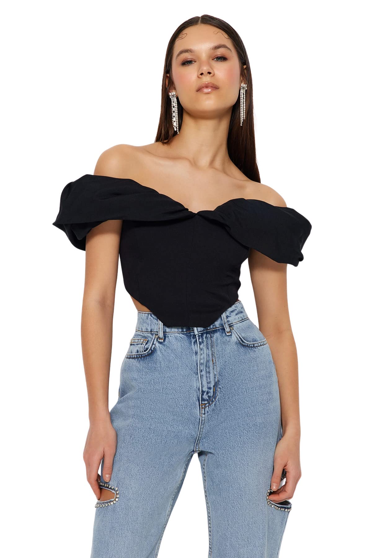Trendyol Women's Fitted Carmen Collar Woven Bustier Bra, Black, UK 14