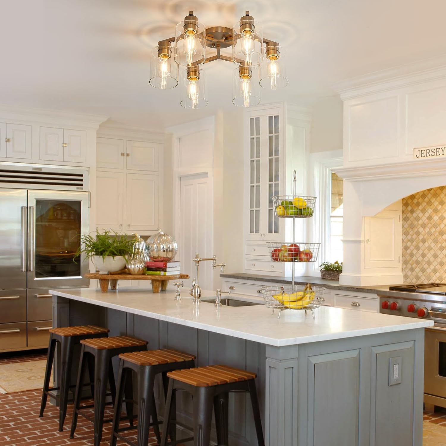 6 Light Semi Flush Mount Ceiling Light Modern Brushed Nickel Ceiling Light Fixtures Kitchen Lighting Fixtures Cieling with Clear Glass Shade for Kitchen Bedroom Living Room Dining Room