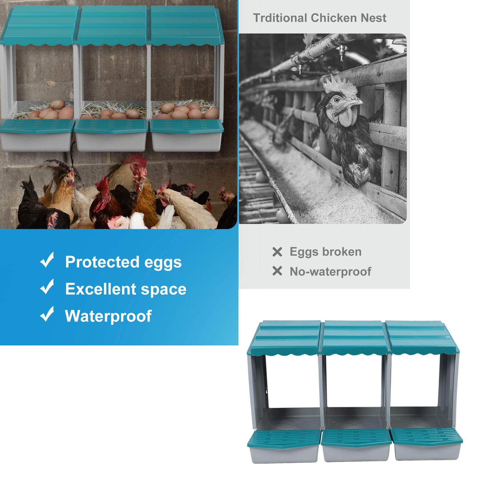 Demeras Caja Nido para Pollos, Cómoda, Espaciosa, Duradera para Gallinas, Patos, Aves de Corral, Material PP, Fácil de Limpiar (3 cavidades)