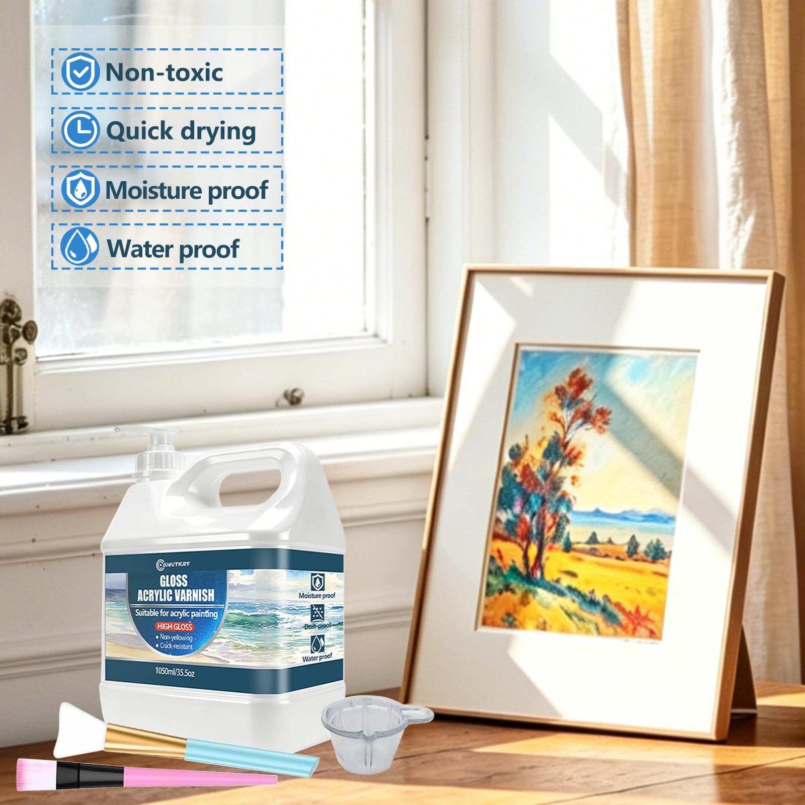 Barniz acrílico brillante grande con bomba, sellador transparente de alto brillo para pinturas acrílicas, secado rápido, a base de agua, no tóxico, protección UV y amarillento