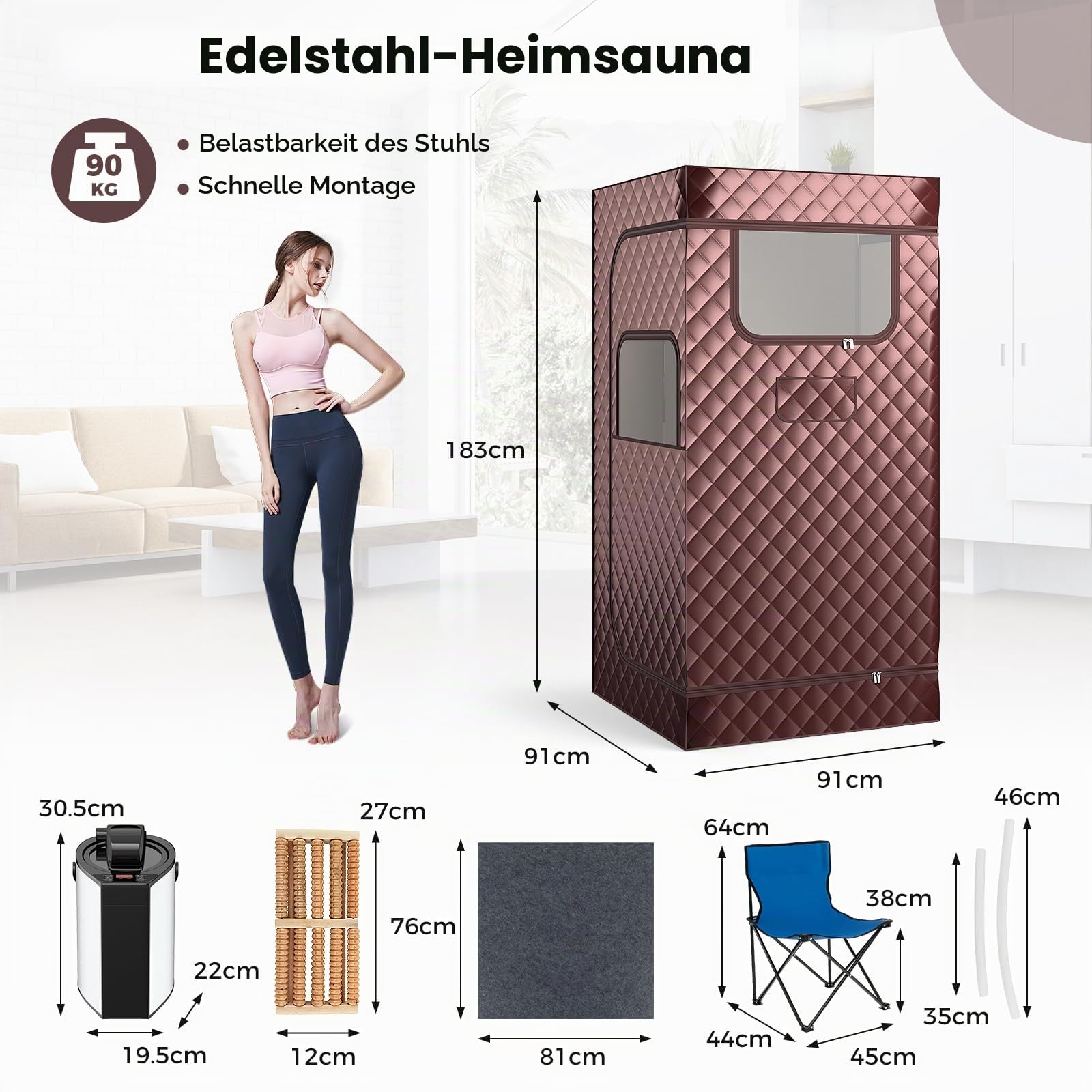 HOMASIS Dampfsauna tragbar, Heimsauna mit Dampfgenerator 3 Liter, Sauna für Zuhause mit Fernbedienung, 9 Temperaturstufen & 9 Timer, Mobiles Saunazelt mit Klappstuhl & Fußmassagegerät (Braun)