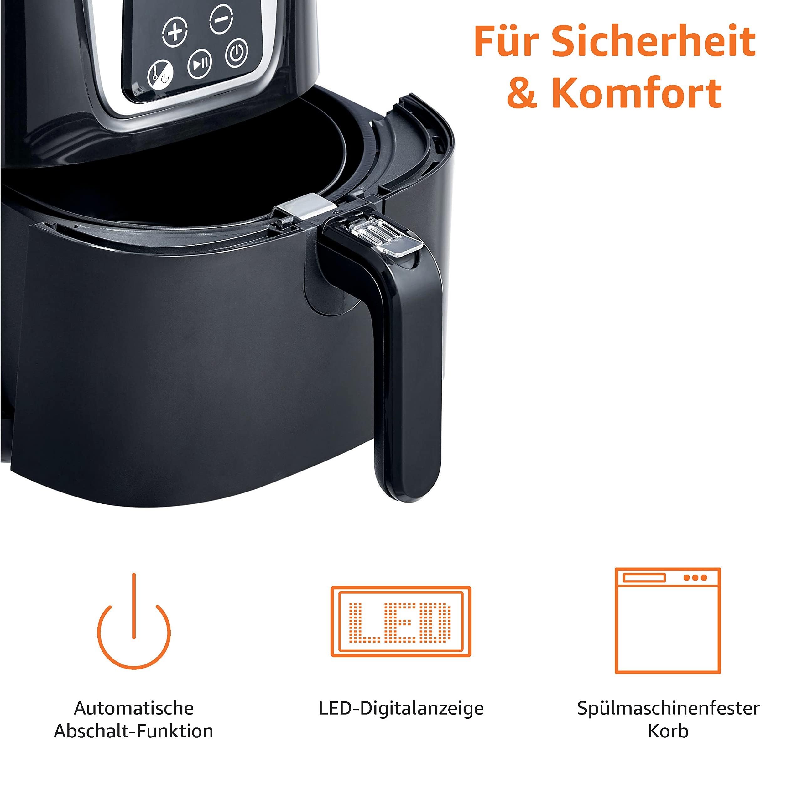 Amazon Basics 4-Liter-Heißluftfritteuse, digitales LED-Display, Timer, 1300W, Air Fryer für Frittieren, Backen, Grillen, Braten, Schwarz/Chrom