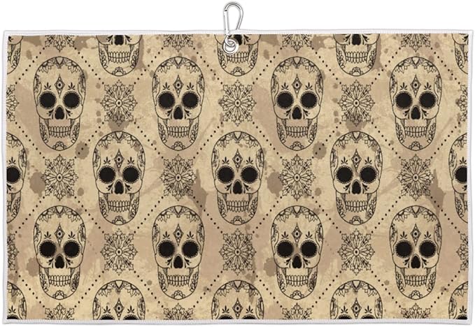 Vintage Sugar Skull Golf Towel Microfiber Club Cleaner with Carabiner Clip Water Absorption Quick Dry Golf Towels for Women Men Golf Accessories 15 X 24 Inch