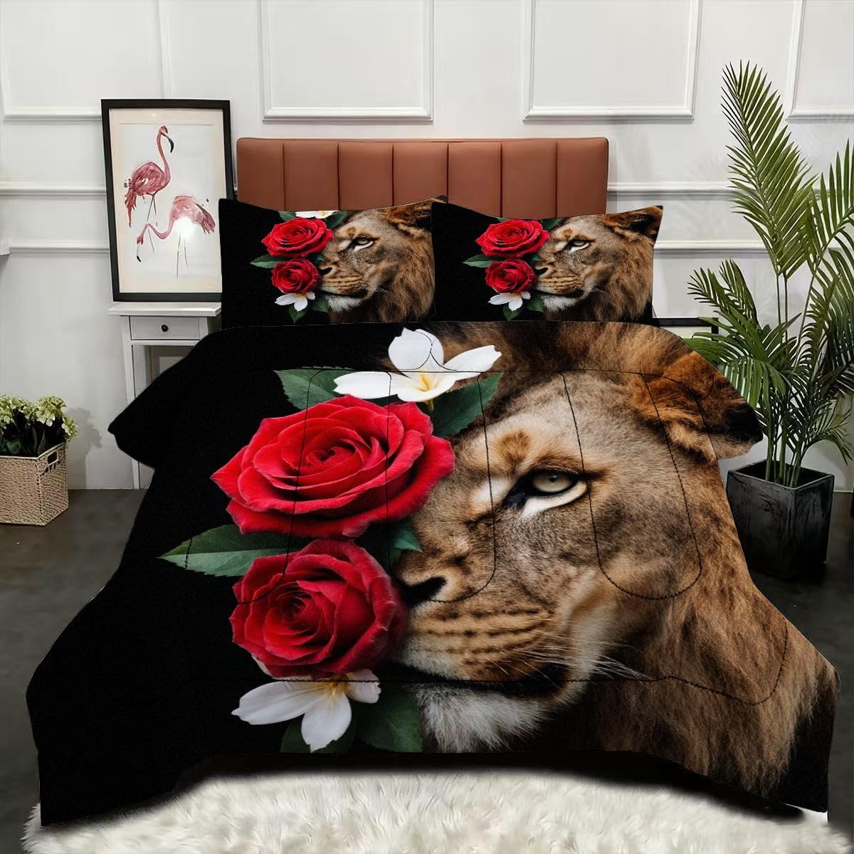 Couette 3D grand lit 200x200 lavable avec motif imprimé lion et rose noire