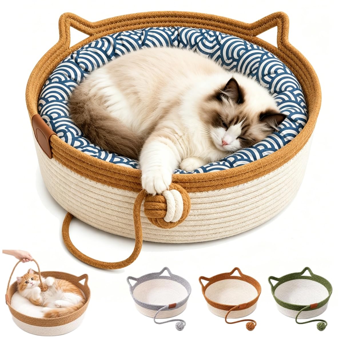 Cat Basket Bed With Cushion & Hanging Ball Toy, Handwoven Cat Instinct Basket for Indoor Cats Dogs (Khaki+Mat,L-46cm)