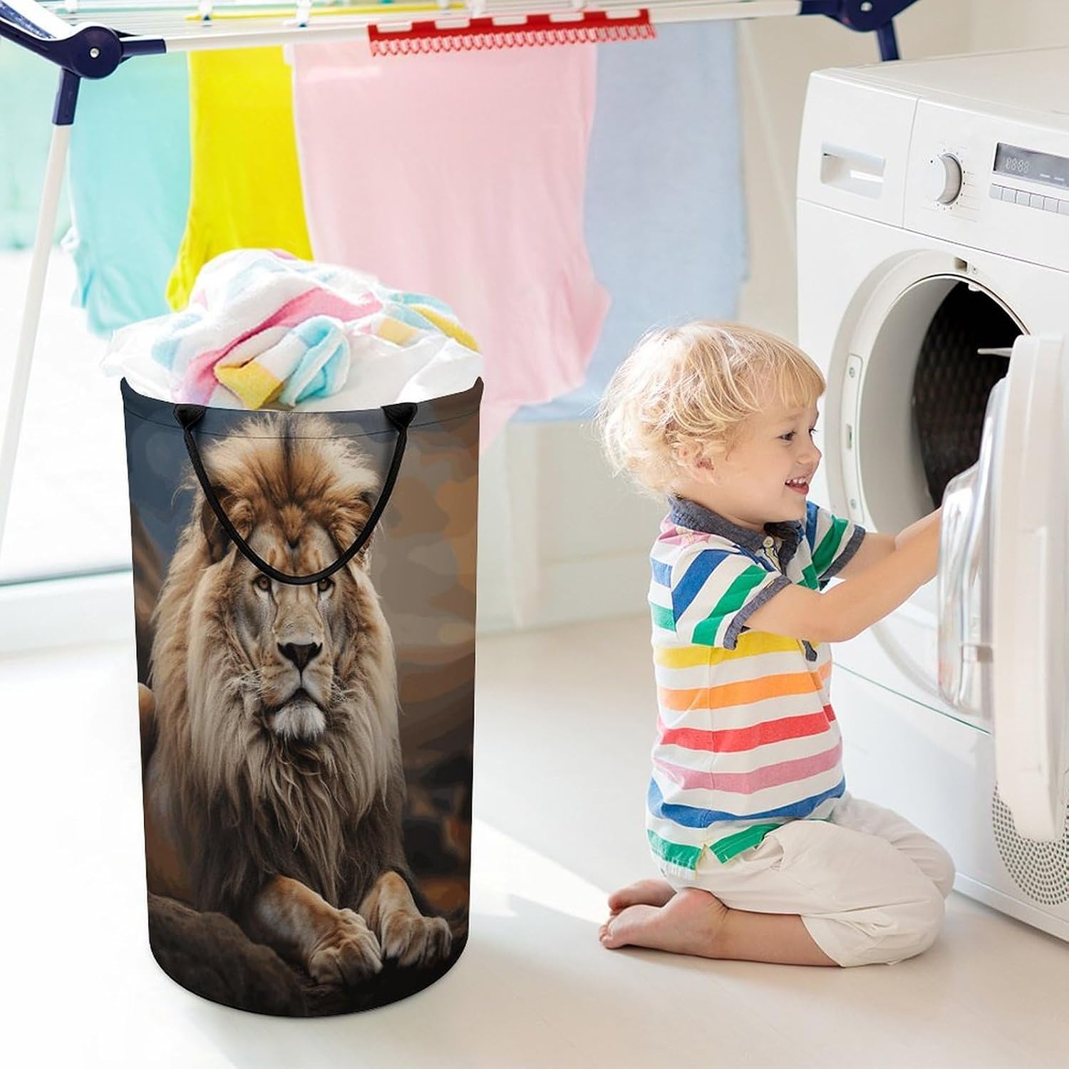 Large Laundry Hamper with Handles Creative Animals Lion Laundry Basket Freestanding Waterproof Clothes Hamper for Living Room Bedroom Bathroom College Dorm