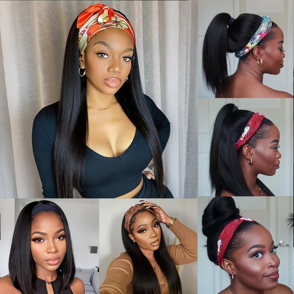 XSY Headband Wig Human Hair Straight 20 Inch Headband Wigs for Black Women Glueless No Lace Front Human Hair Wigs Brazilian Virgin Headband Wig Natural Color