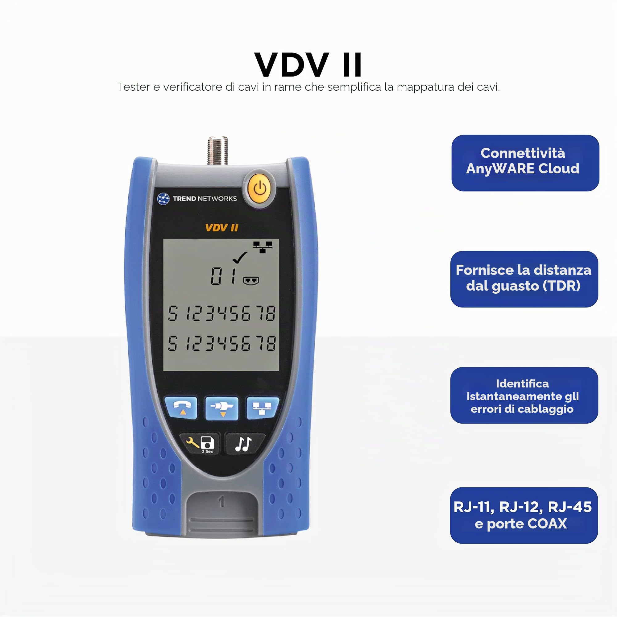 TREND Networks,R158007,VDV II Basic,Cloud Connected,Verificatore di cavi vocali, dati e video,Tester per cavi in rame,Strumento avanzato per la risoluzione dei problemi e della mappa dei cavi