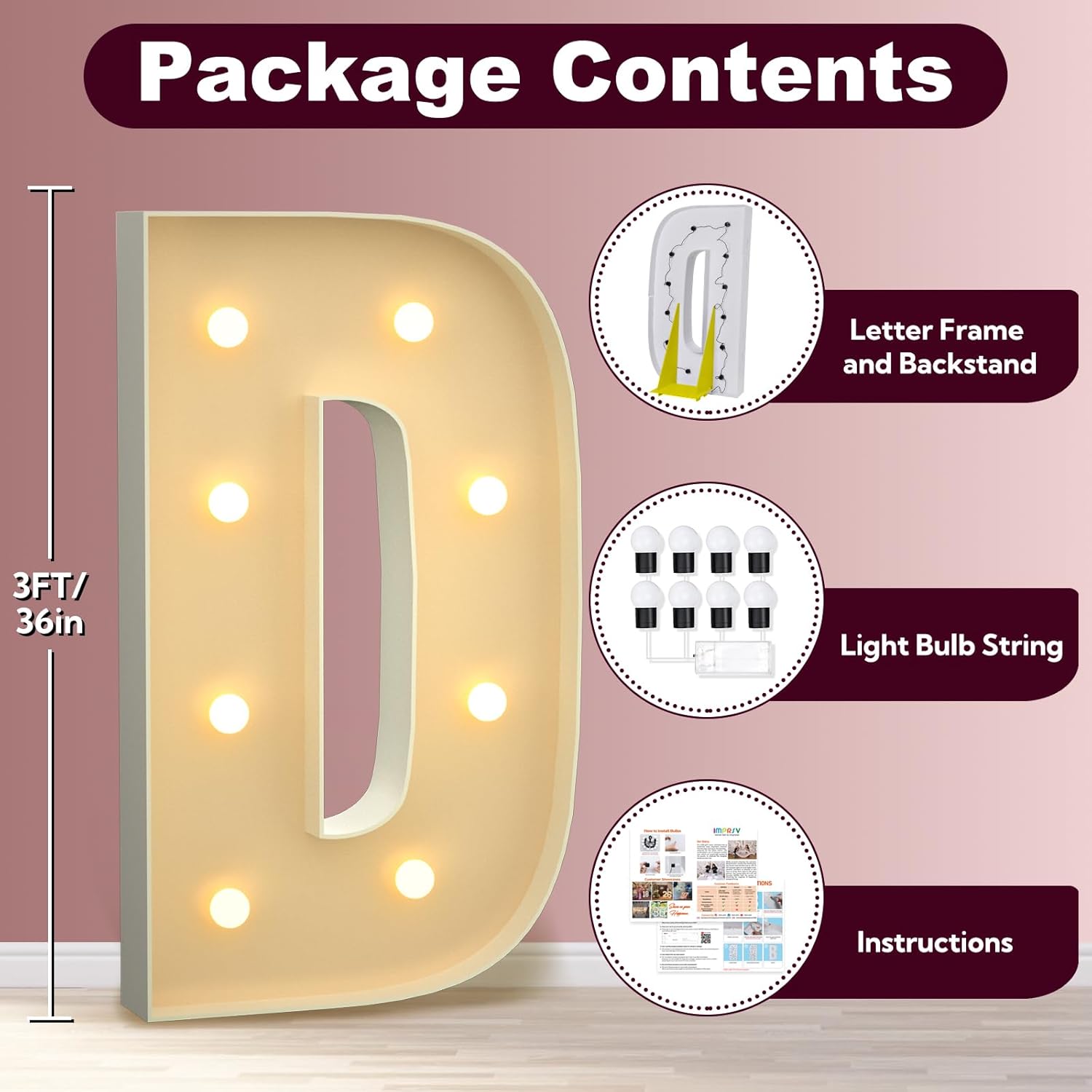 Marquee Letters 3 Feet Tall 3FT Large Light Up Letters D for Backdrop Big Marry Me Sign Birthday Party Decorations Engagement Party Pre-Cut Foam Board - Image 2