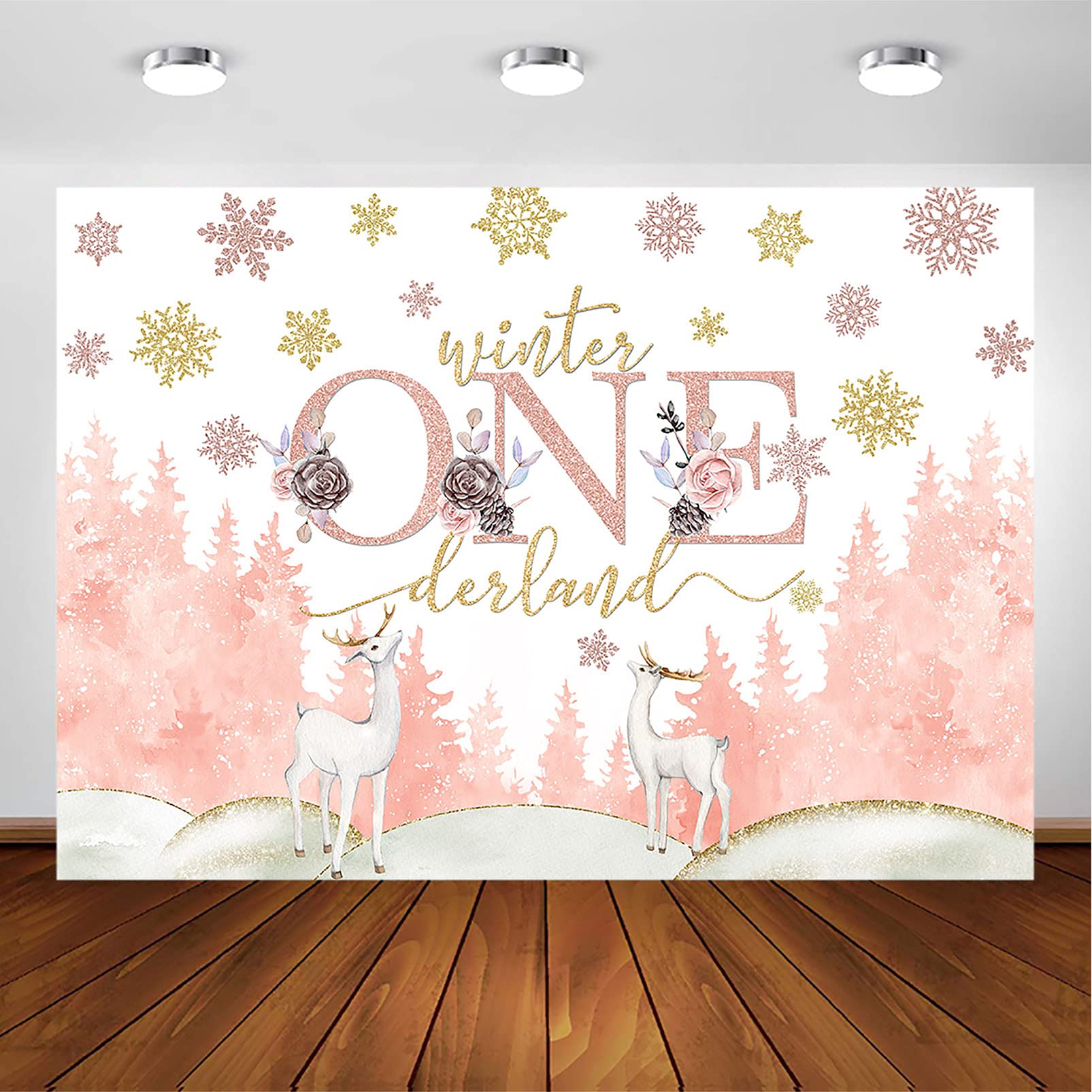 Avezano Winter Wonderland Fotohintergrund - 2,1x1,5 M, Rosa & Silber, Für 1. Geburtstag & Fotoshooting