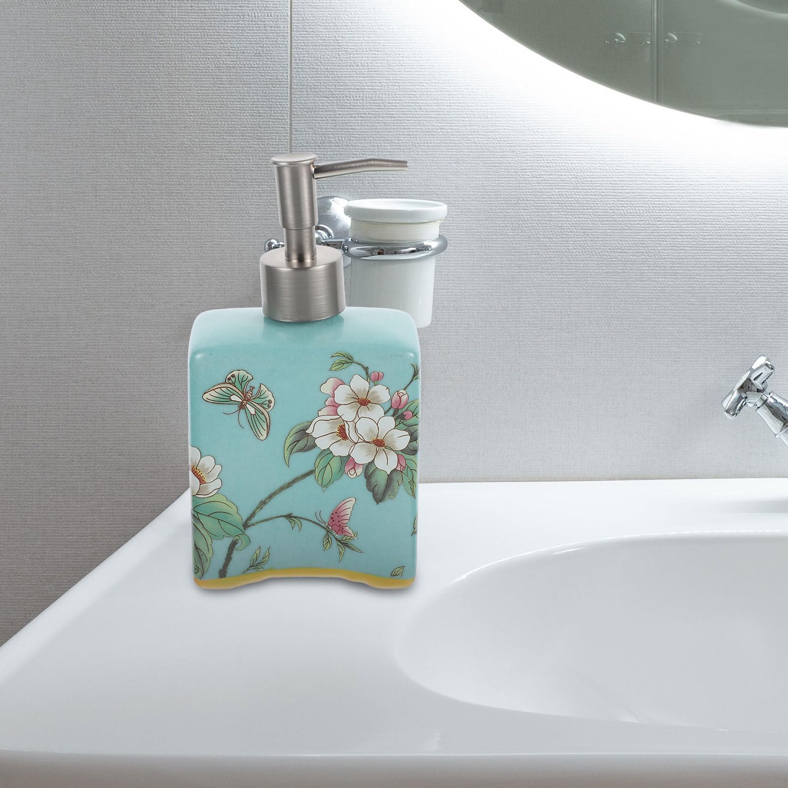 Healvian Dispenser di Sapone Liquido Ricaricabile in Ceramica da 410ml con Pompa in Acciaio Inossidabile per Cucina e Uso in Hotel, Elegante e Funzionale