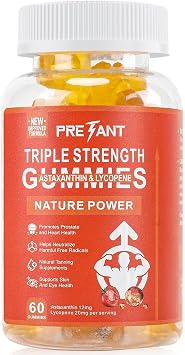 PRETANT- Prostate Health Supplements for Men, Astaxanthin + Lycopene Gummies Antioxidant Supplement for Prostate & Heart Health, Natural Tanning Supplement, Eye & Skin Support 30 Servings, Vegan