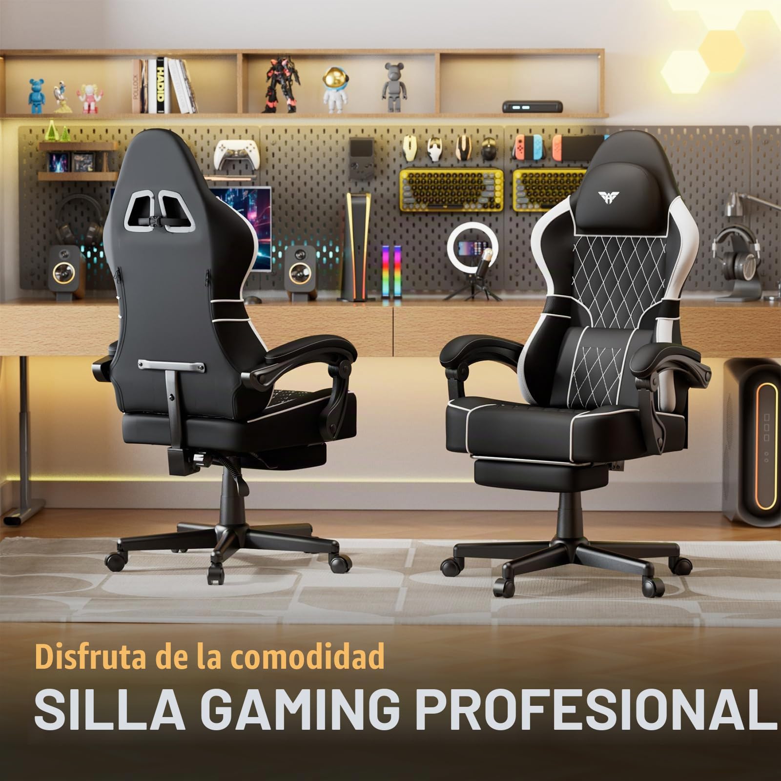 Ferghana Silla Gaming Ergonómica con Masajeador,Silla Gamer en Cuero PVC Transpirable,Soporte Lumbar de Masaje,Reposacabezas,Reposapiés,Silla de Oficina,Silla Ergonómica de PC (Negro,Cuero PVC)