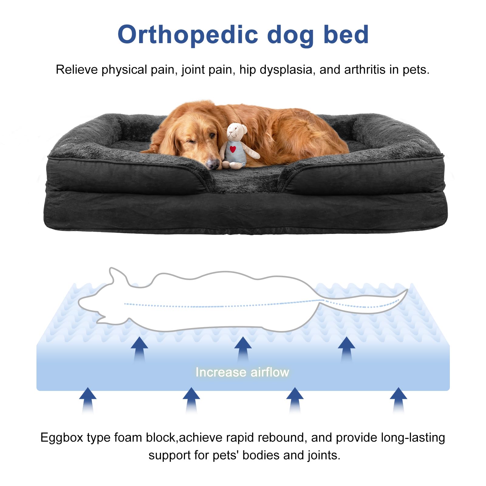 Cesta de perro de gran tamaño, cojín desenfundable, cama para perro, funda extraíble y lavable a máquina, fondo antideslizante, 106 x 80 x 20 cm (Negro)