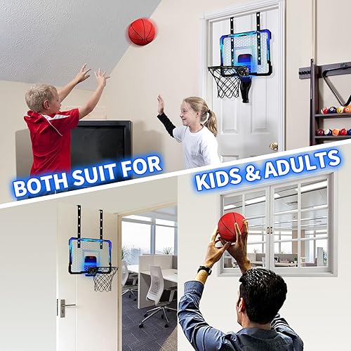 Miniatura 9 de QDRAGON Aro de baloncesto para interiores para niños, mini aros de baloncesto sobre la puerta con 7 luces LED, juguetes de baloncesto, regalos para