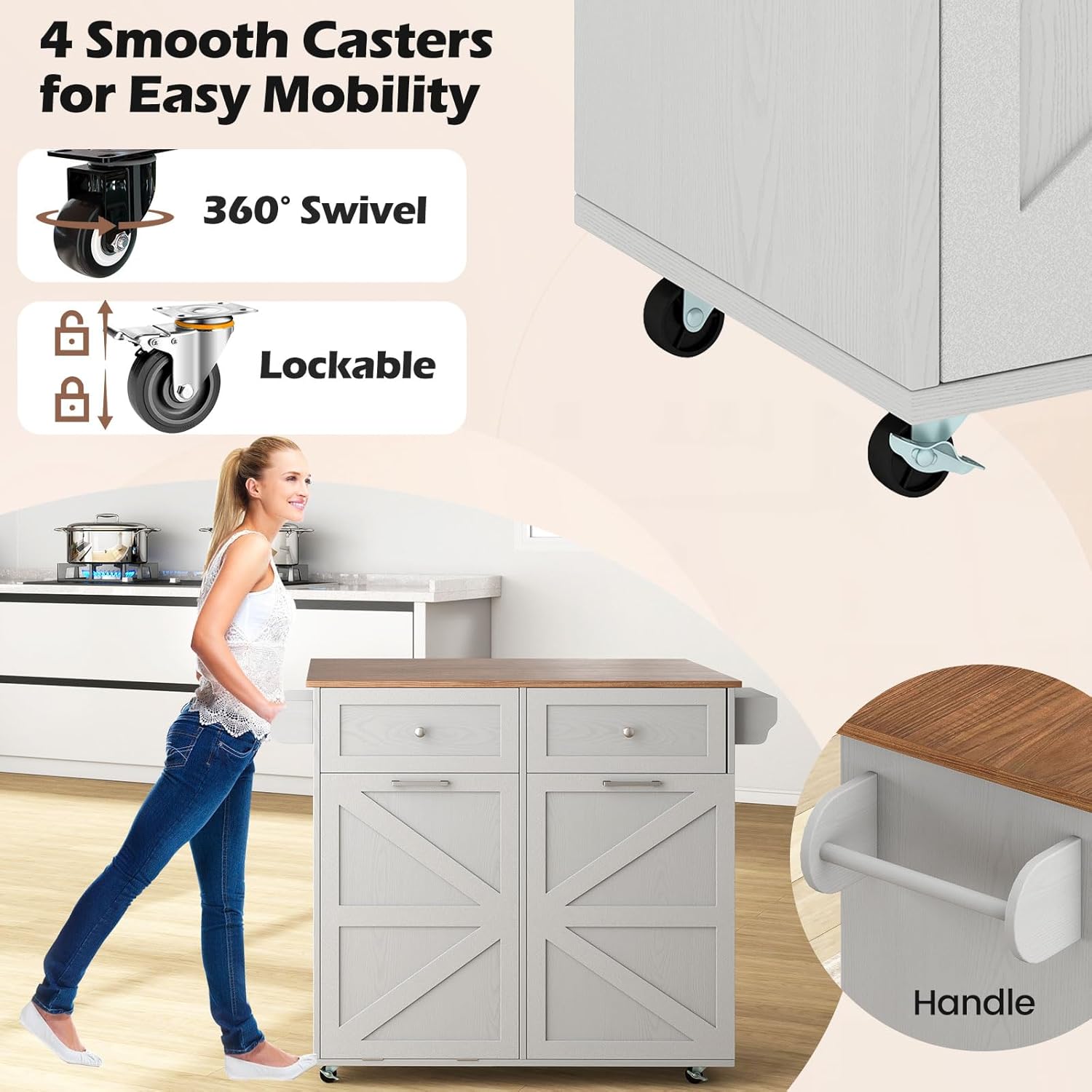 Giantex Kitchen Island Cart with Hidden Tilt Out Trash Can Cabinet, Drop Leaf, 2 Drawers, Towel Rack, Rolling Mobile Breakfast Bar Table, Wood Kitchen Storage Cart on Wheels (Grey & Natural)