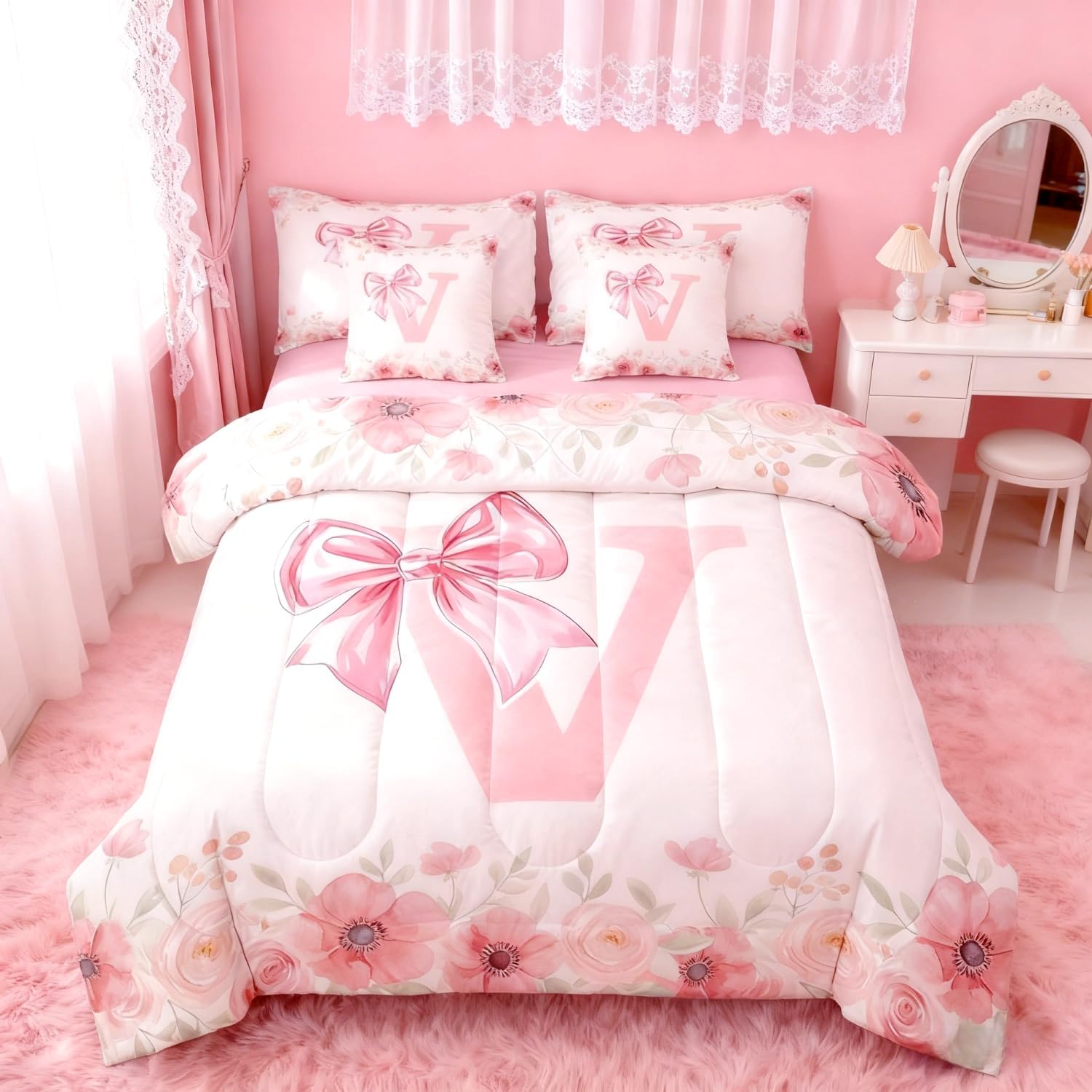 Erosebridal Initial Letter V Bed in A Bag Pink Bow Girls Twin Bedding Sets Kawaii Girly Bowknot Bed Set Bedroom Decor Spring Fresh Style Comforter Set with Sheets for Kids Teen Women 7-Piece