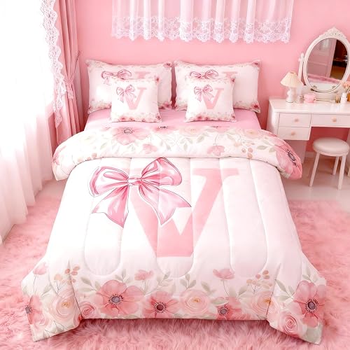 Erosebridal Initial Letter V Bed in A Bag Pink Bow Girls King Bedding Sets Kawai