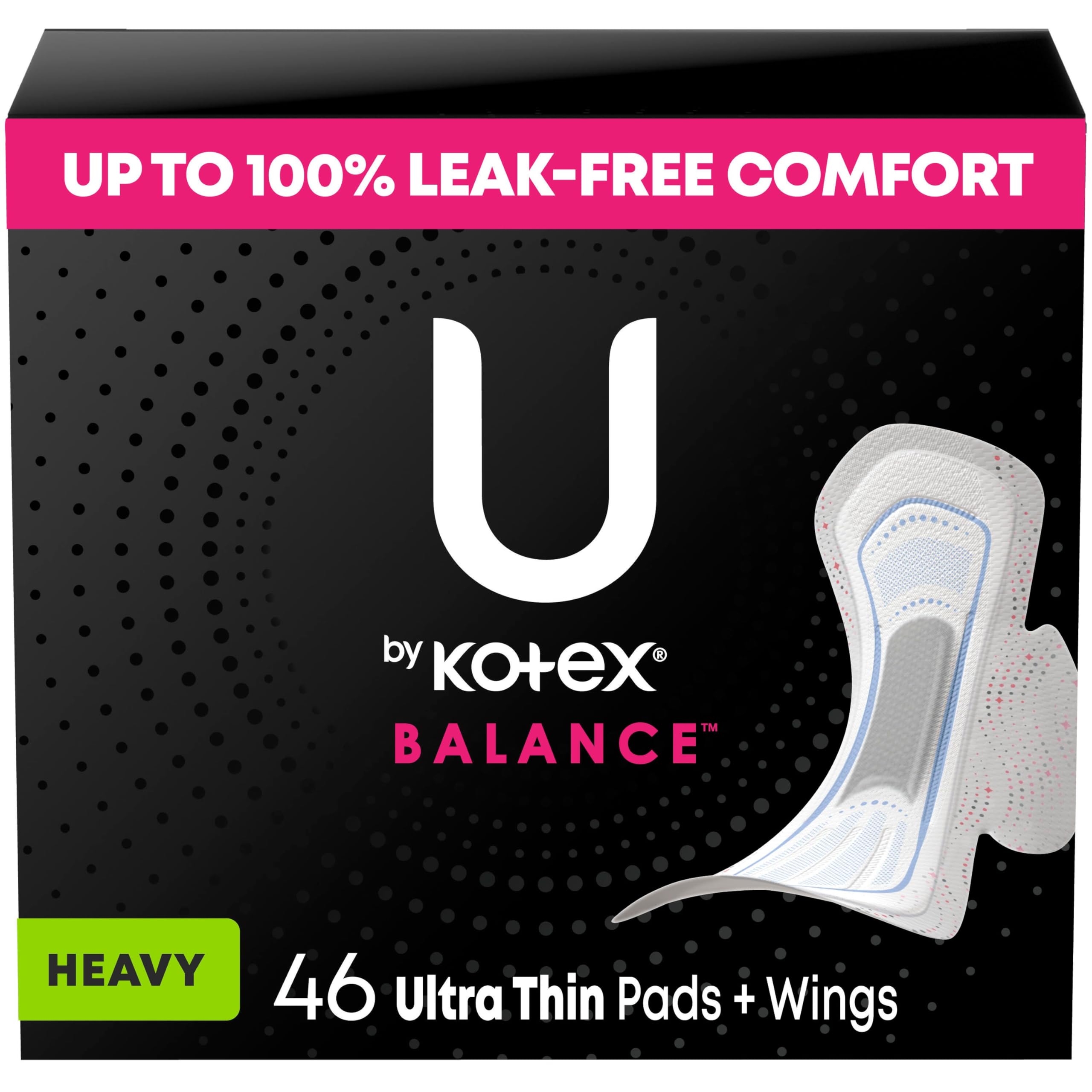 U by KotexBalance Ultra Thin Pads with Wings, Heavy Absorbency, 46 Count (Packaging May Vary)