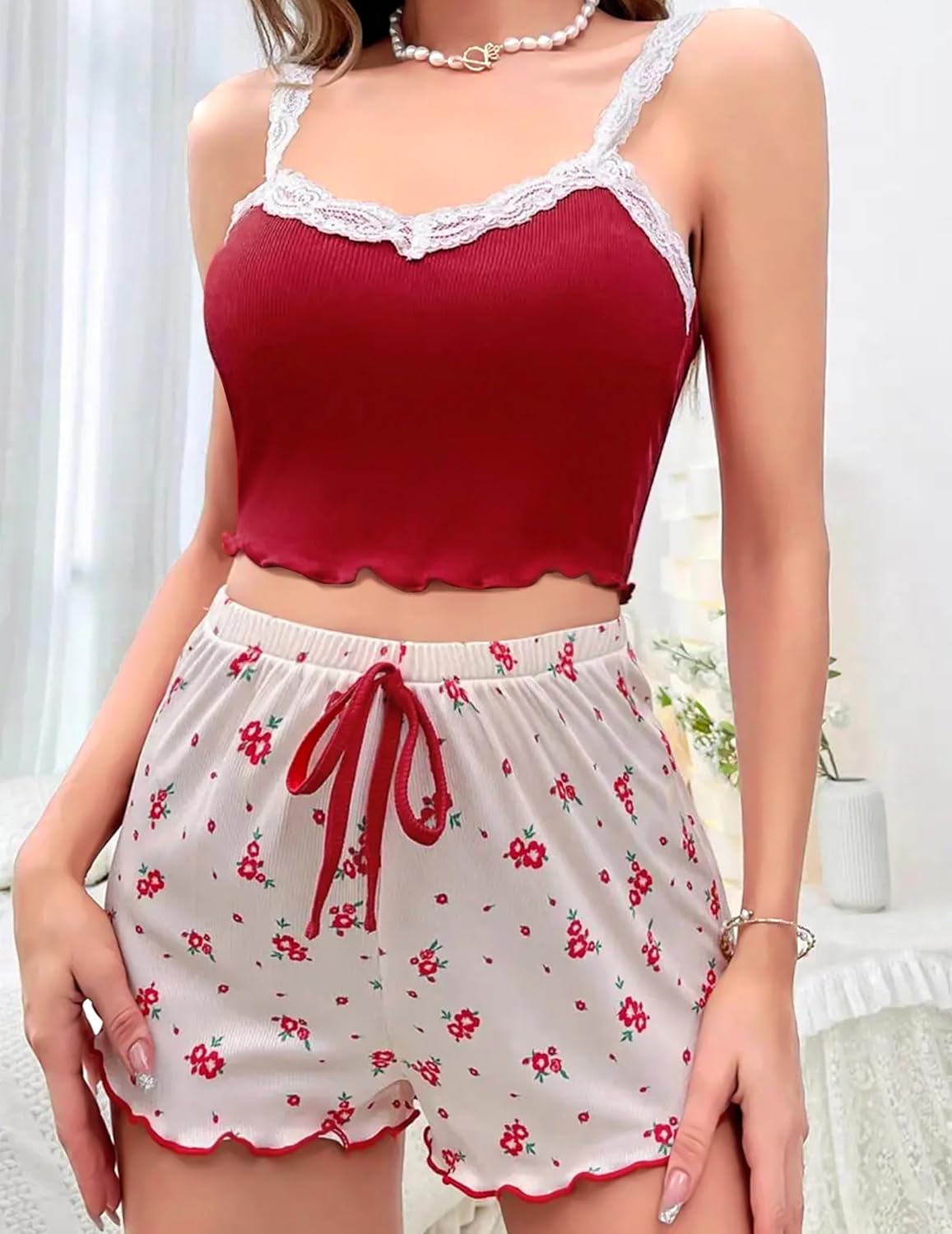 Sexy Pajama Set for Women 2 Piece lounge Set Floral Cami and Shorts Lingerie Set Cute Pjs Lace Trim Sleepwear - Image 5