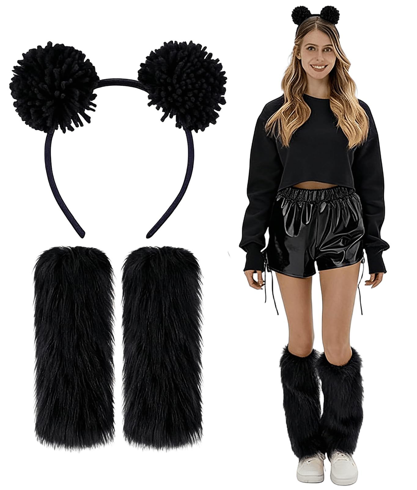 PEZPEOR 2 PCS Black Bear Costume Accessory Set with Pompom Headband Fluffy Leg Warmers Bobble Hair Bow and Furry Boot Adult Women
