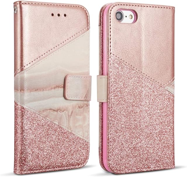 ZCDAYE Wallet Case for iPhone 7 iPhone 8 iPhone SE 2020,Premium Bling Glitter [Magnetic Closure] PU Leather [Ceramic Pattern] Stand Soft TPU with [Card Slots] Flip Cover - Rose Gold