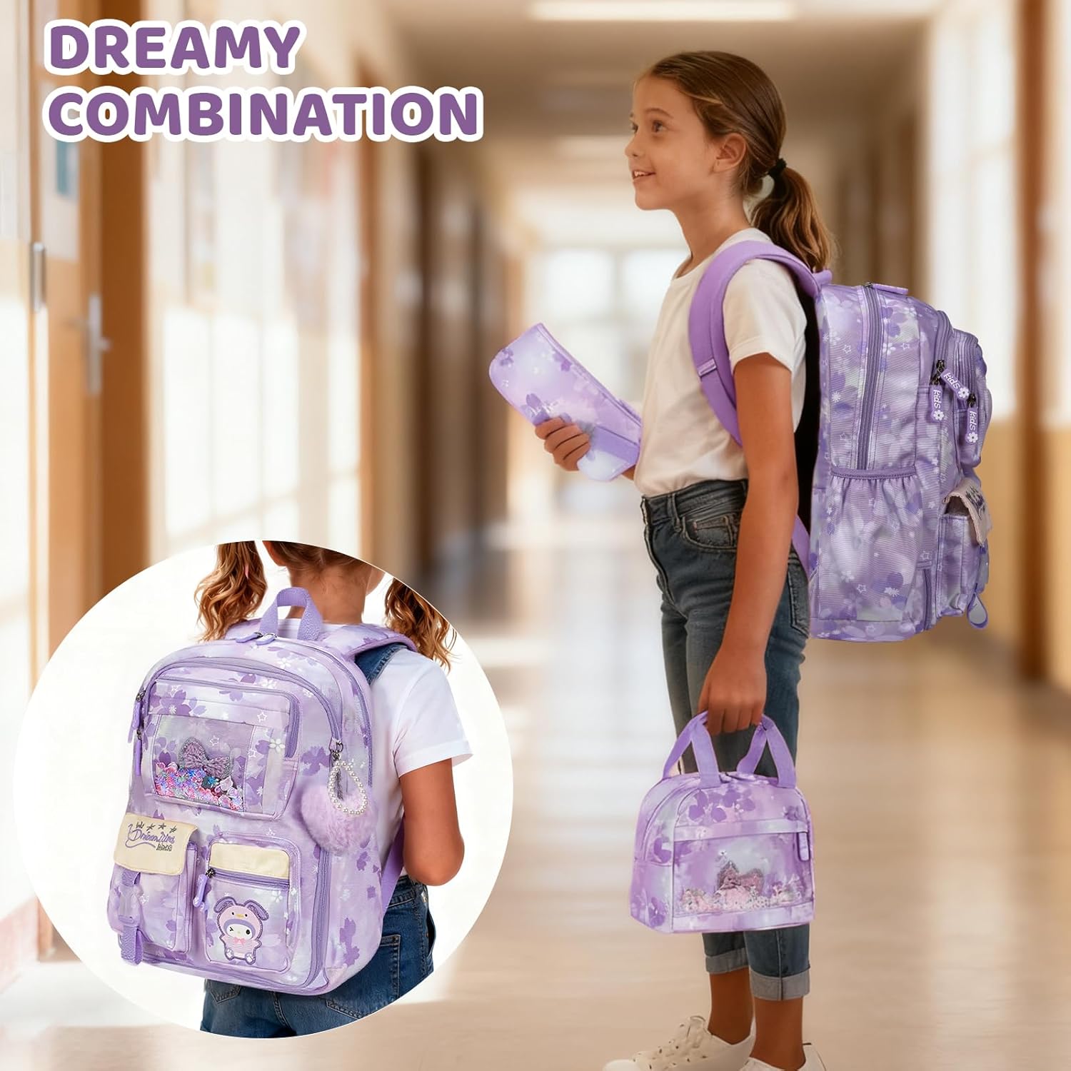 Kids Backpack for Girls, Cartoon School Bag for Elementary Middle School Students, Kawaii Children's Book Bag with Lunch Box & Pencil Case (17inch Set Purple)